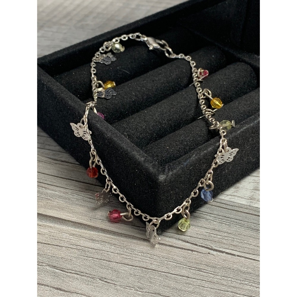 Silver Tone Butterfly Charm Anklet with Multi Color Faceted Beads 9 Inch 5254